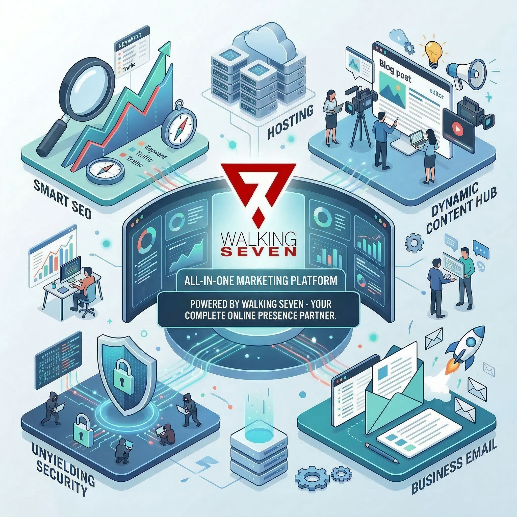 Graphic of Walking Seven's All-In-One Digital presence suite